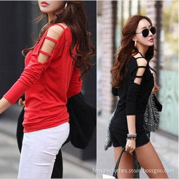 Spring and autumn new Women Korean loose large size strapless long-sleeved cotton T-shirt bottoming shirt blusa camisa camicia
